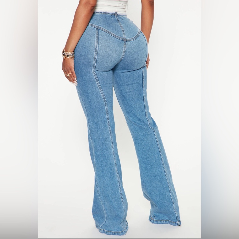 Fashion Nova Full Moon Lace Up Flare Jeans - Medium Blue Wash